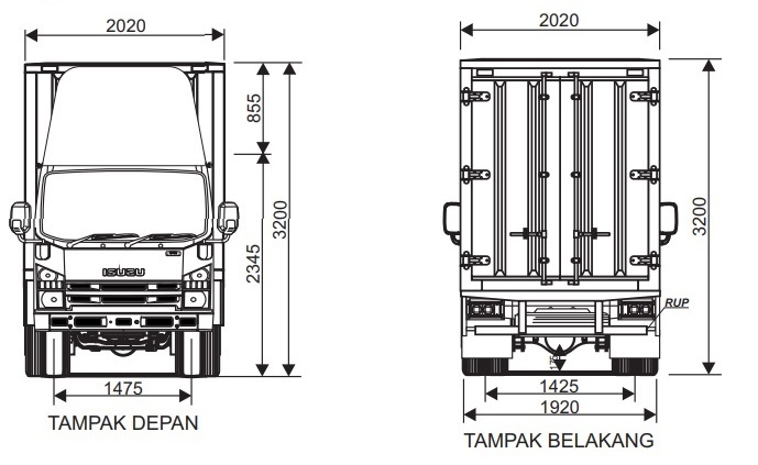 Drawing dan ukuran CDD BOX isuzu NMR euro 4 tampak depan