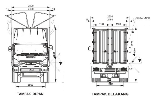 DIMENSI WING BOX ISUZU GIGA FVM U - DRAWIN DEPAN BELAKANG