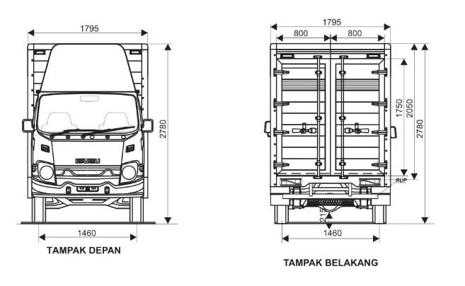 DIMENSI BOX JUMBO TRAGA EURO 4 - DEPAN BELAKANG