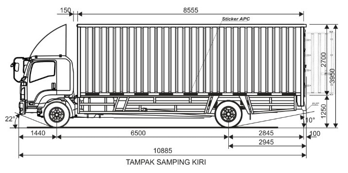Ukuran dimensi Box Besi Isuzu Giga FTR T tampak Kiri